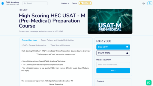 High Scoring HEC USAT M Pre Medical Preparation Course